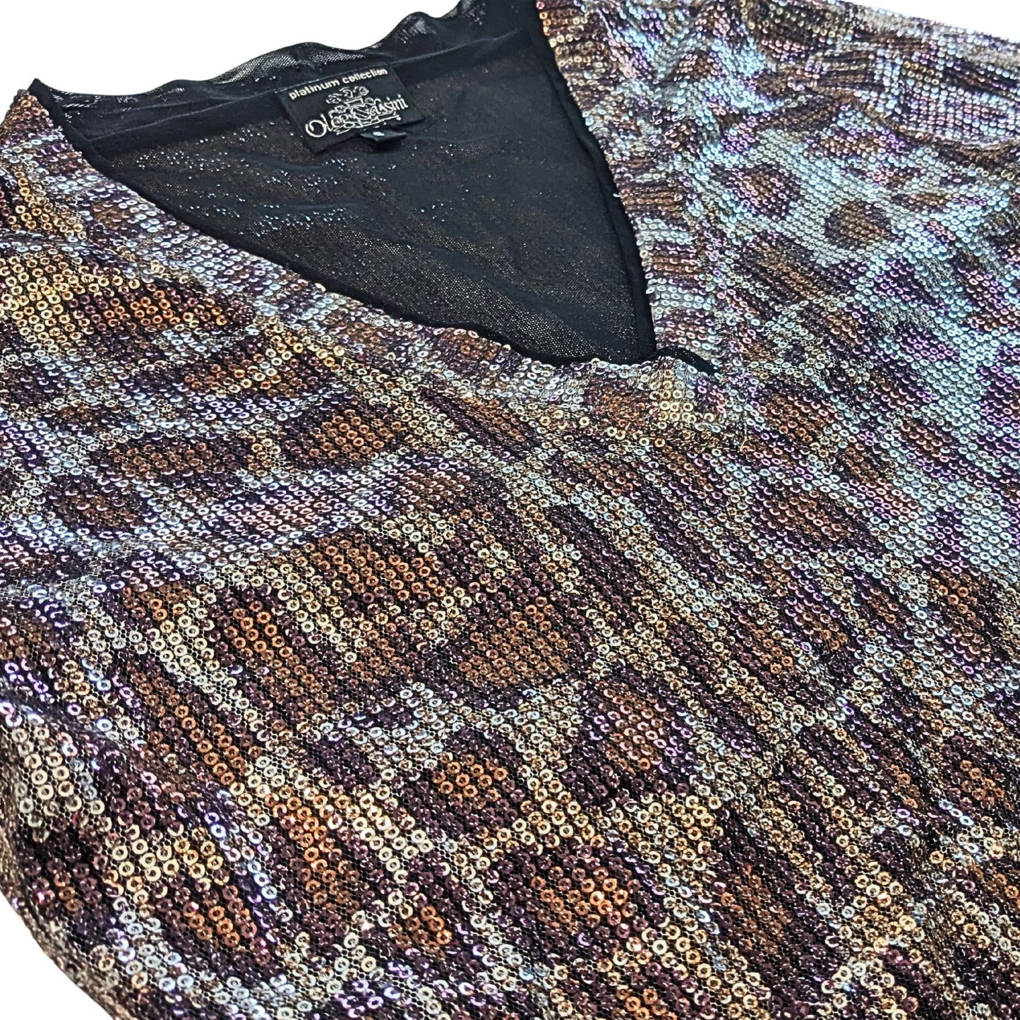 Vtg 90s OLEG CASSINI Platinum Sequin SemiSheer Leopard LS Going Out Top Size S