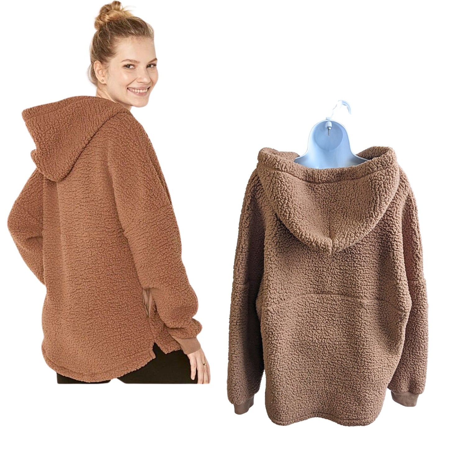 PINK VICTORIA'S SECRET Beige Recycled Polyester Varsity Sherpa Hoodie Size M