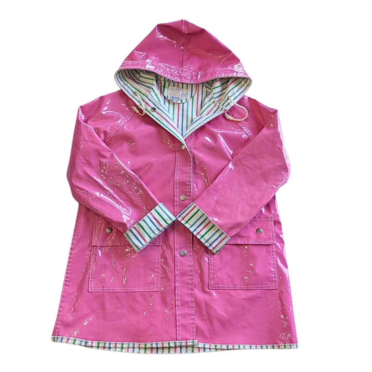 Vtg 80s YOUTH PARK Barbie Pink Hooded Raincoat w/Candy Stripe Lining Size 10/12M