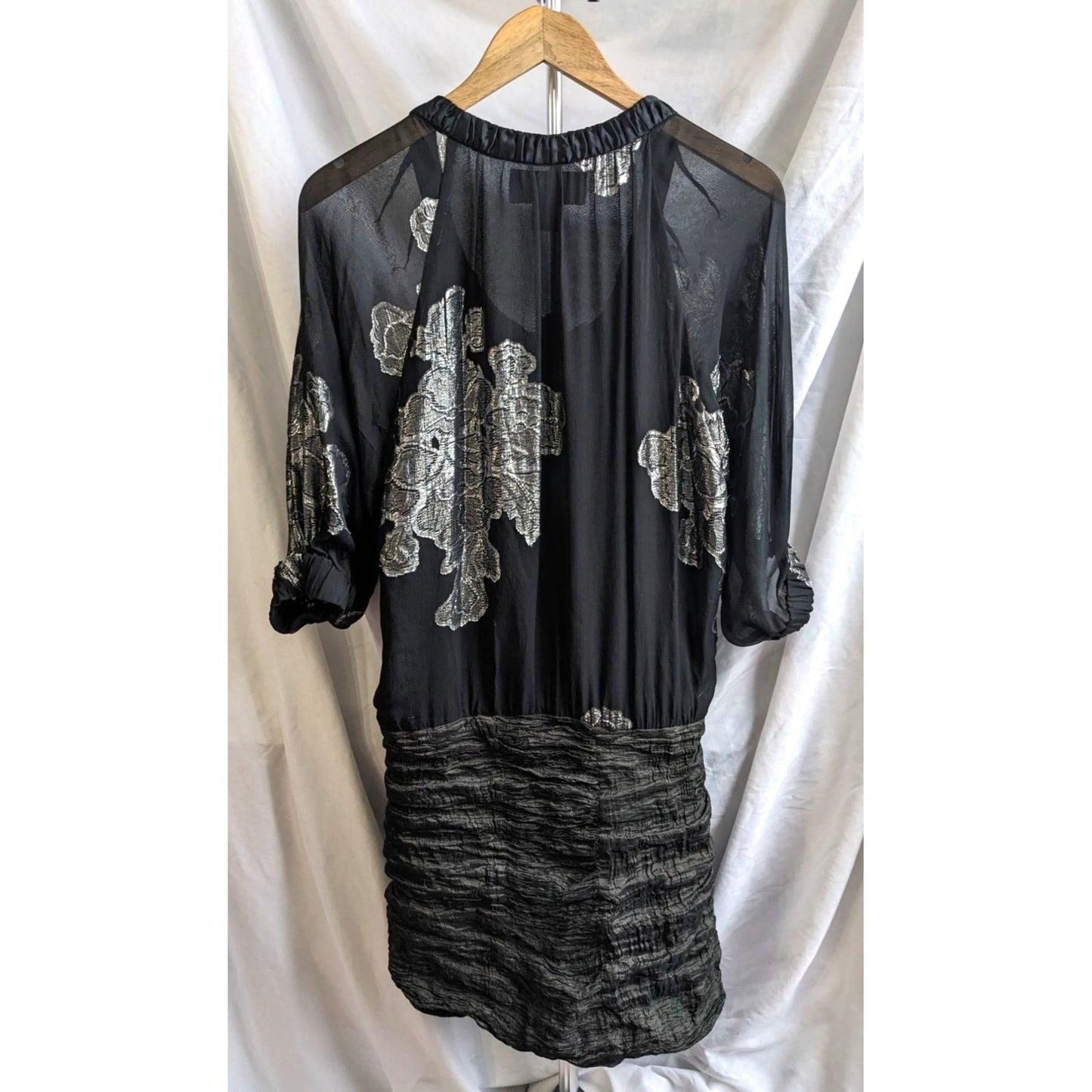 NICOLE MILLER COLLECTION Black Silver Lurex Dress w/ Metal Taffeta Skirt Size S