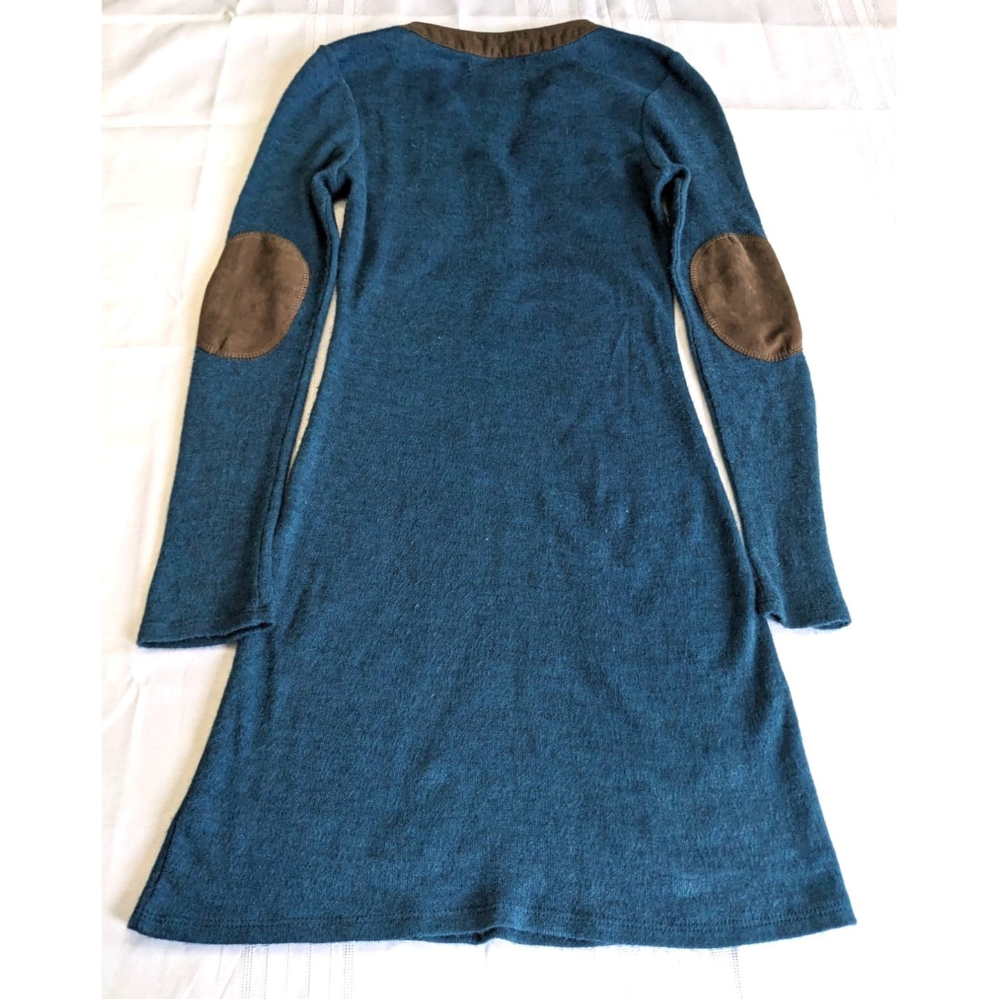 YA LOS ANGELES Teal & Brown Long Sleeve Asymmetrical Dress Elbow Patches Size S