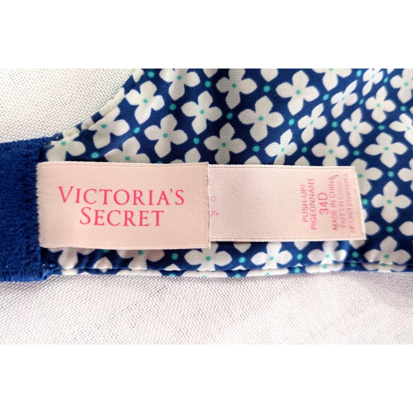 VICTORIA'S SECRET Blue & White Floral Print Push-Up Plunge Bra Size 34D