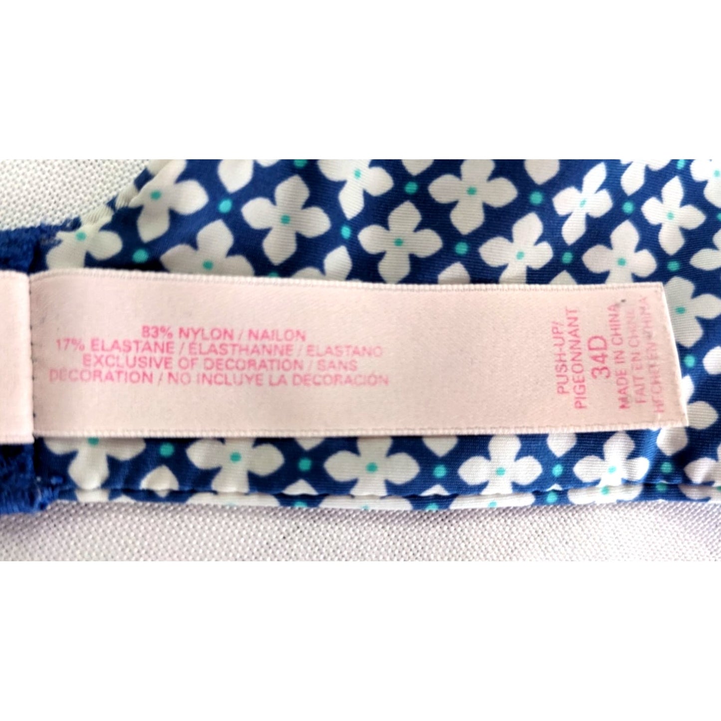 VICTORIA'S SECRET Blue & White Floral Print Push-Up Plunge Bra Size 34D