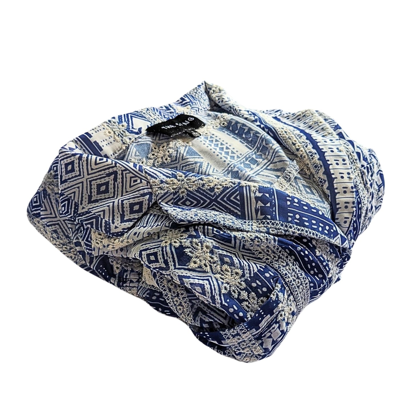 THE SANG Blue Georgette Embroidered Ikat Smocked Shirtdress w/ Weighted Hem Sz S