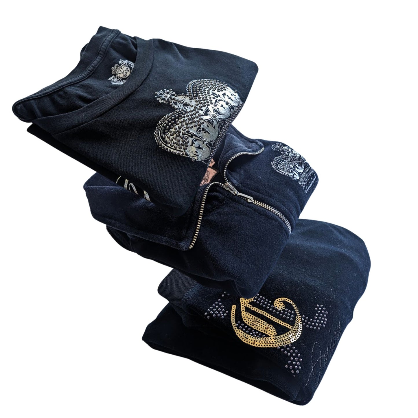 Vtg Y2K JUICY COUTURE 3pc Black Mixed Metal Velour Matching Tracksuit Set Sz S/L