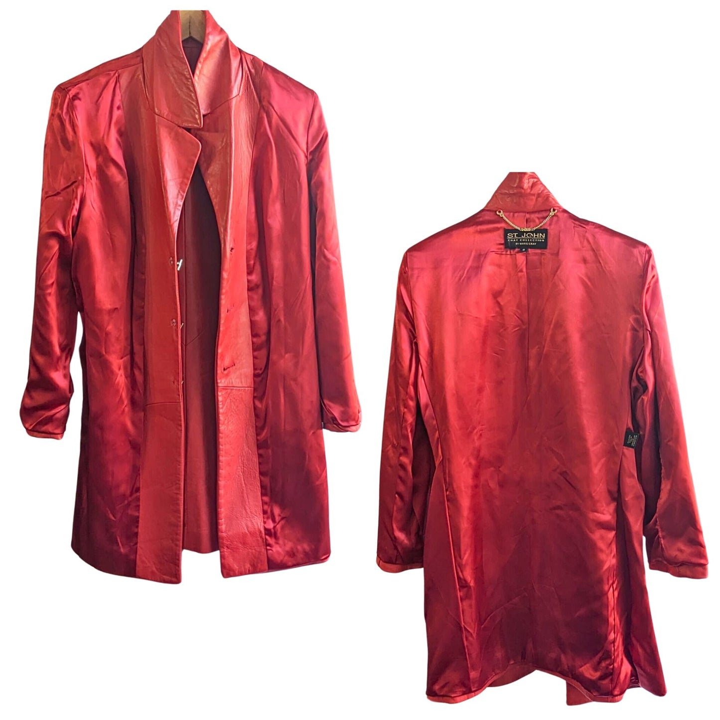 Vintage Y2K ST. JOHN Buttery Soft Tomato Red Lambskin Leather Long Coat Size S/M