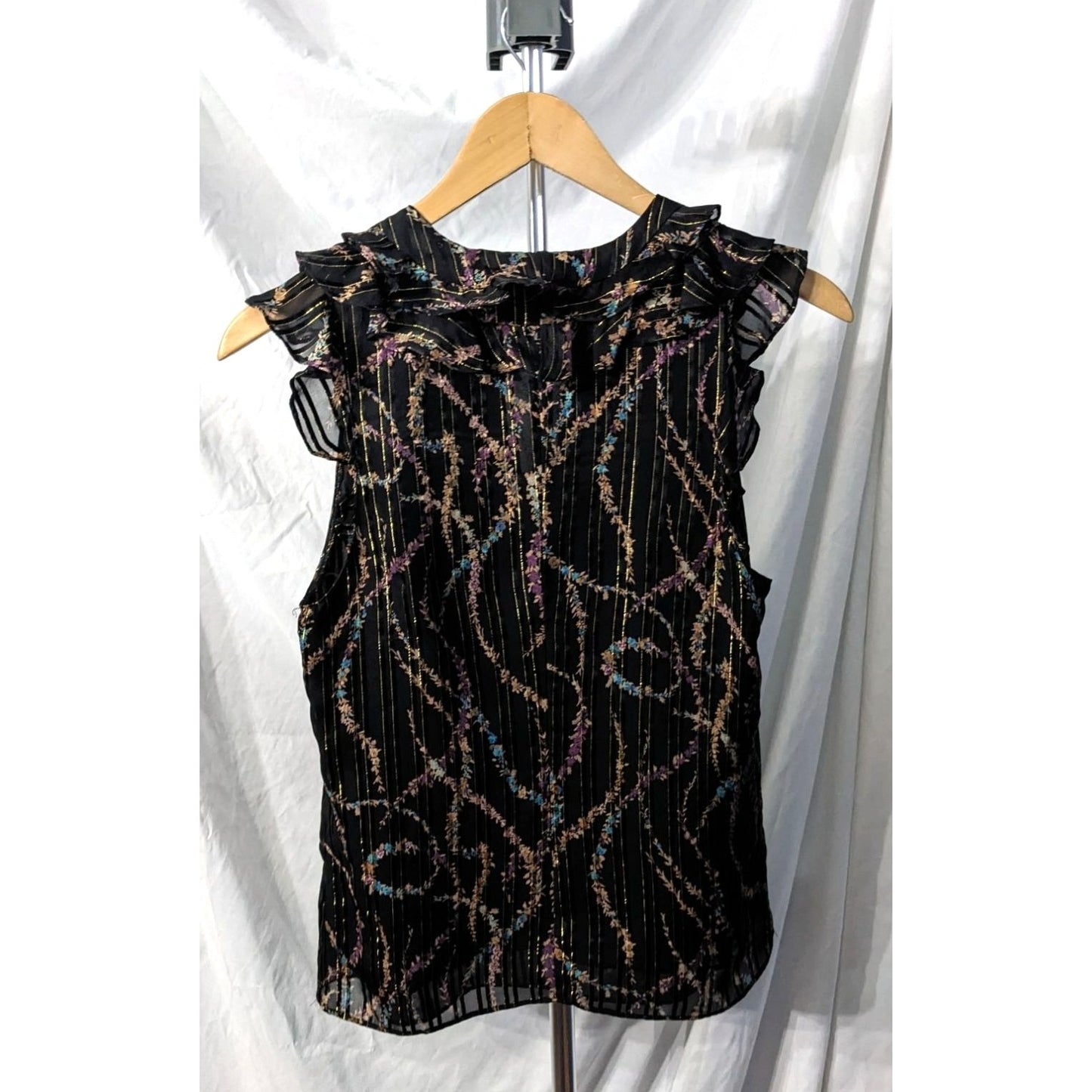 Vintage Y2K MAYLE Black Sleeveless Floral Silk Blouse w/ Gold Lurex Stripes Sz 6