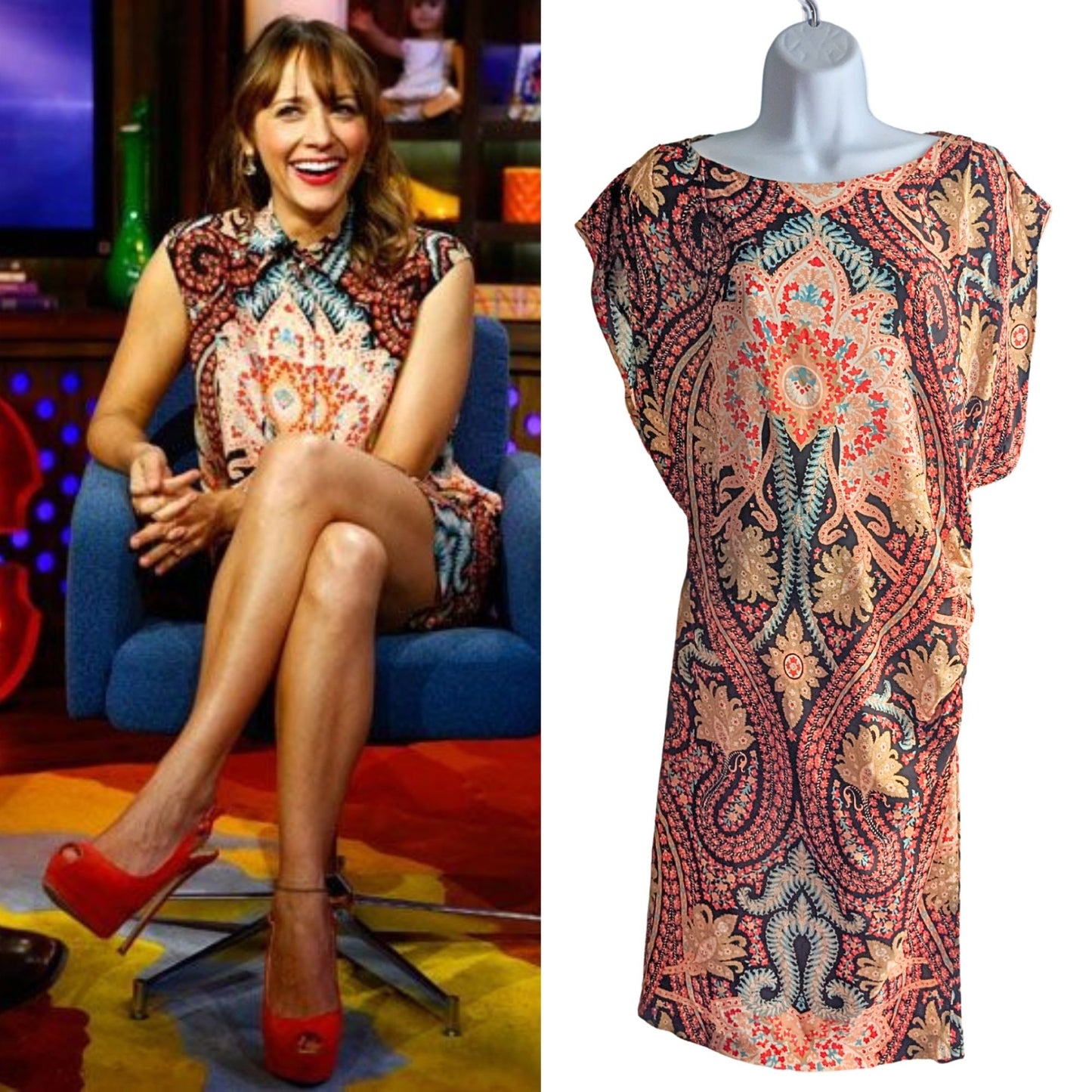 2012 THAKOON Rashida Jones 100% Silk Chiffon Paisley Cowl Sleeve Mini Dress Sz 2