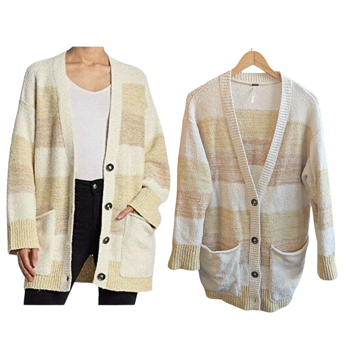 FREE PEOPLE Tan Grains Combo Oversized Cardigan Colorblock with Pockets Size XS