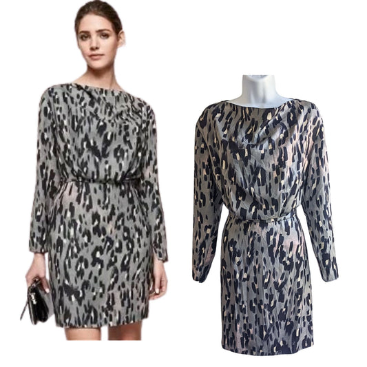 REISS Lotta Taupe Gray Long Sleeve Cheetah Paintbrush Satin Mini Dress Size 6