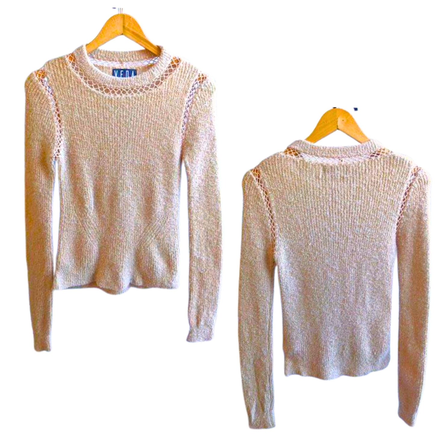 Revolve VEDA Tan Alpaca Wool Fishnet Crochet Crew Sweater Sustainable Size SP