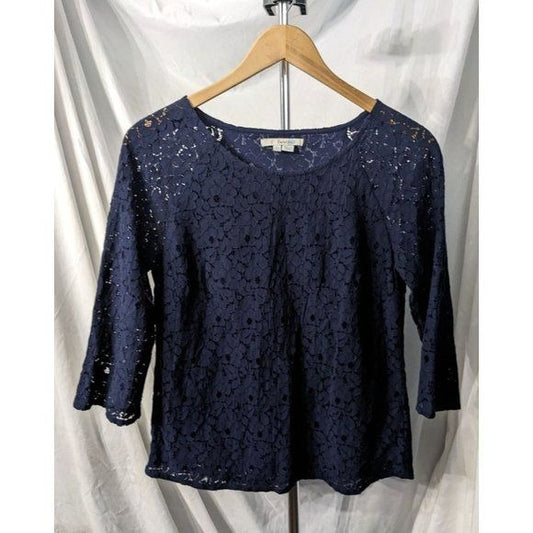 BODEN Navy Blue Classic Blouse w/ Lace Overlay 3/4 Sleeve Cotton Nylon Size 4