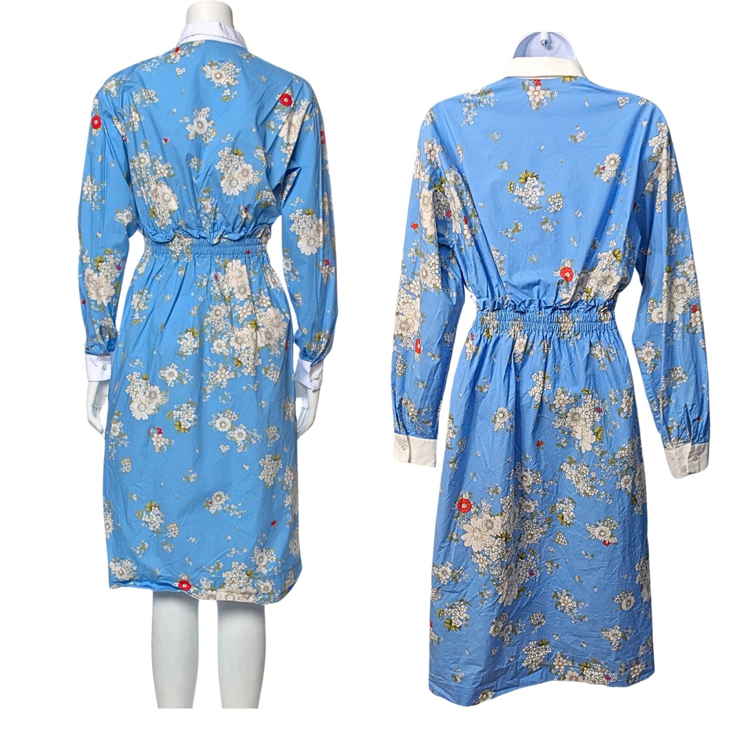 NO. 21 Floral Blue Fantasia Base Midi Dress 100% Cotton Long Sleeve Size 36 XS