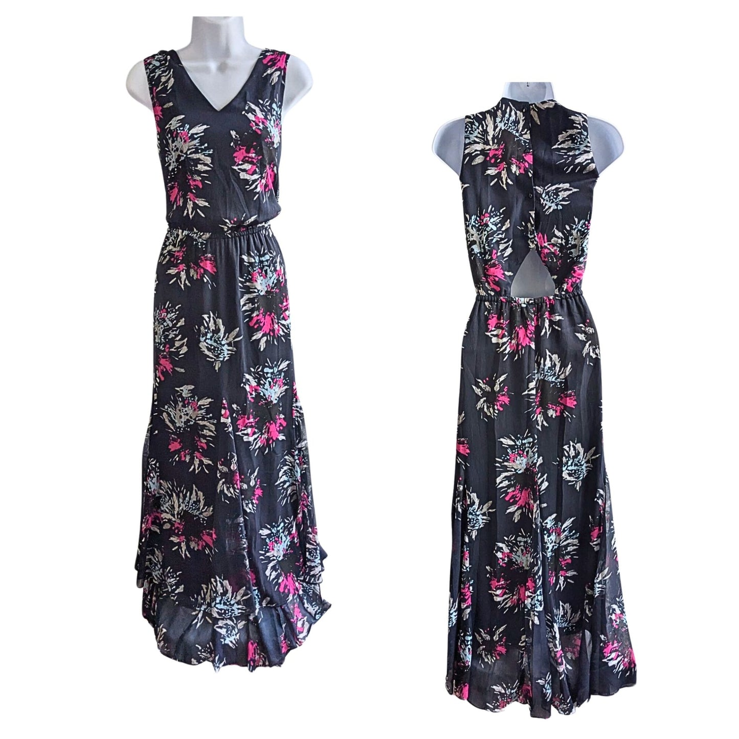 BANANA REPUBLIC Navy Pink Cutout Back Cool Combo Printed Lined Midi Dress Size 4