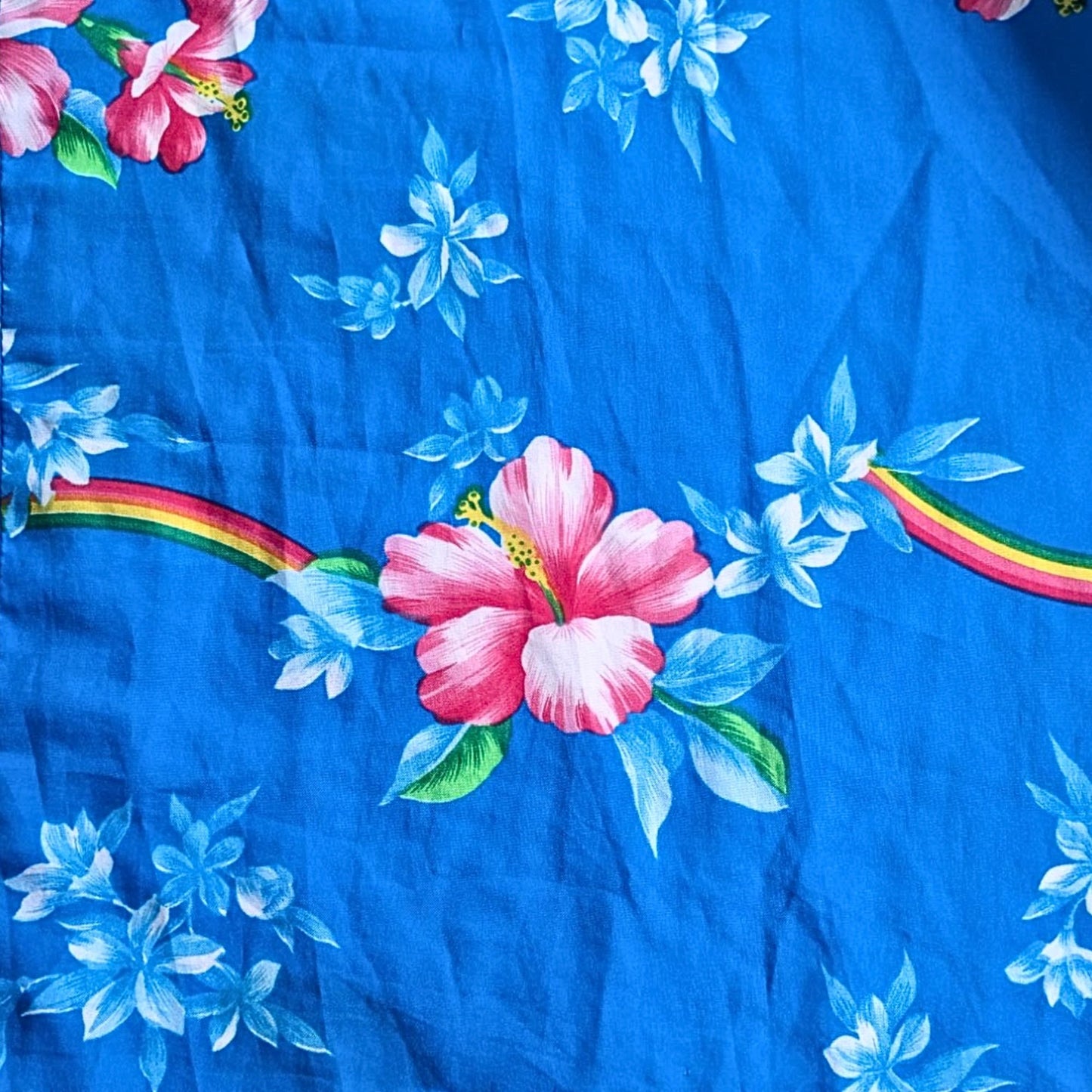 Vintage 60s ISLAND FASHIONS Blue Floral Rainbow Hawaiian Midi MuuMuu Dress Sz 10