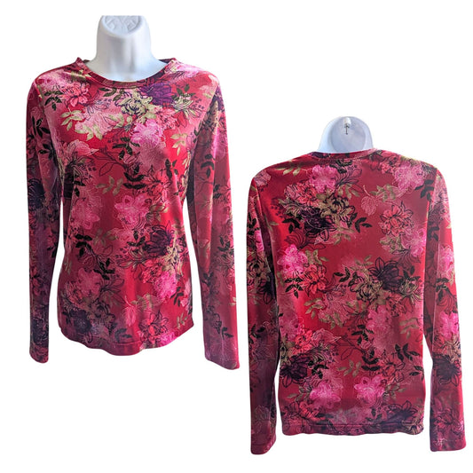 Vtg Early Y2K WHITE STAG Red Gold Stretch Velvet Floral Long Sleeve Top Size S/M