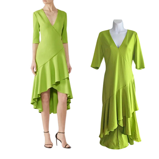 BADGLEY MISCHKA Lime Green Odessa Crepe Flutter Hem Dress w/ Auth Sticker Sz 10