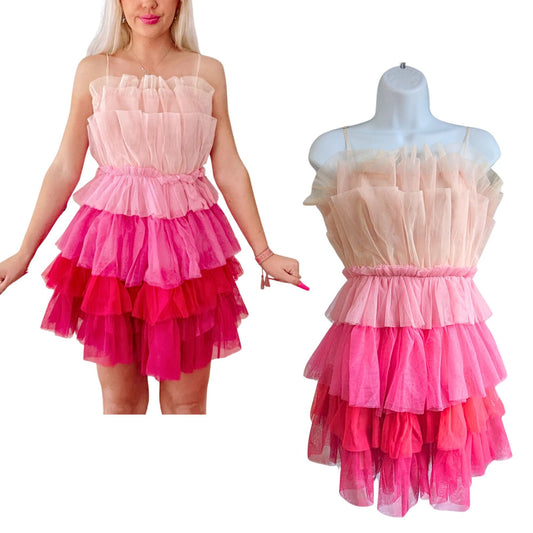 SASSY SHORTCAKE Shades of Sassy Pink Tiered Tulle Fit & Flare Mini Dress Size S