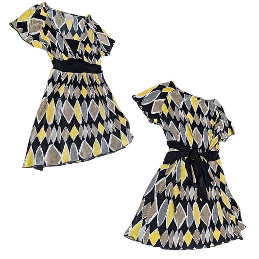 Vintage Y2K Nick & Sarah Gray Yellow Diamond Print Pleated Crepe Mini Dress Sz M