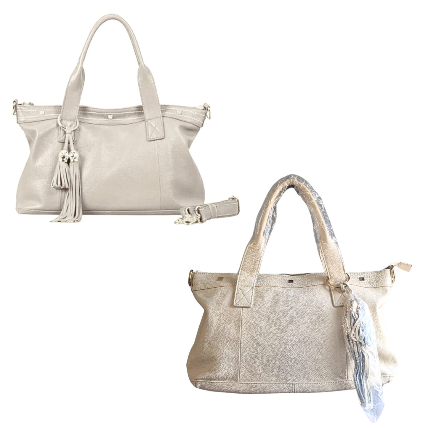 NWT CUORE & PELLE Amelia Genuine Leather Satchel in Cream & Gold MSRP $325