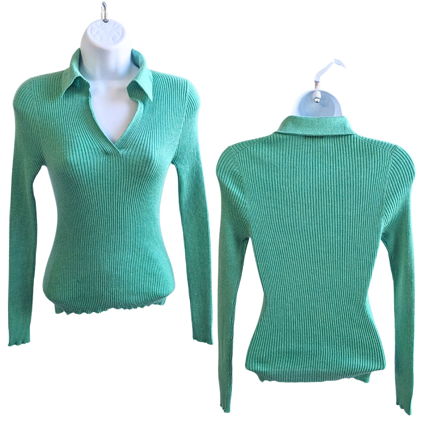 MANRICO 100% Cashmere Collared Rib Knit Spring Green Sweater Size XS/S