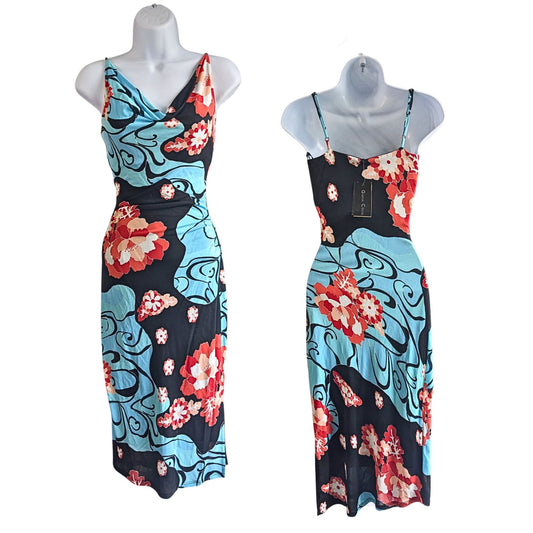 NWT Vintage Y2K GUESS Aqua Floral Cowl Bodycon Midi Dress Size S