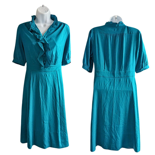 Vintage Y2K BANANA REPUBLIC Silk Teal Retro Victorian Ruffle Midi Dress Size 8