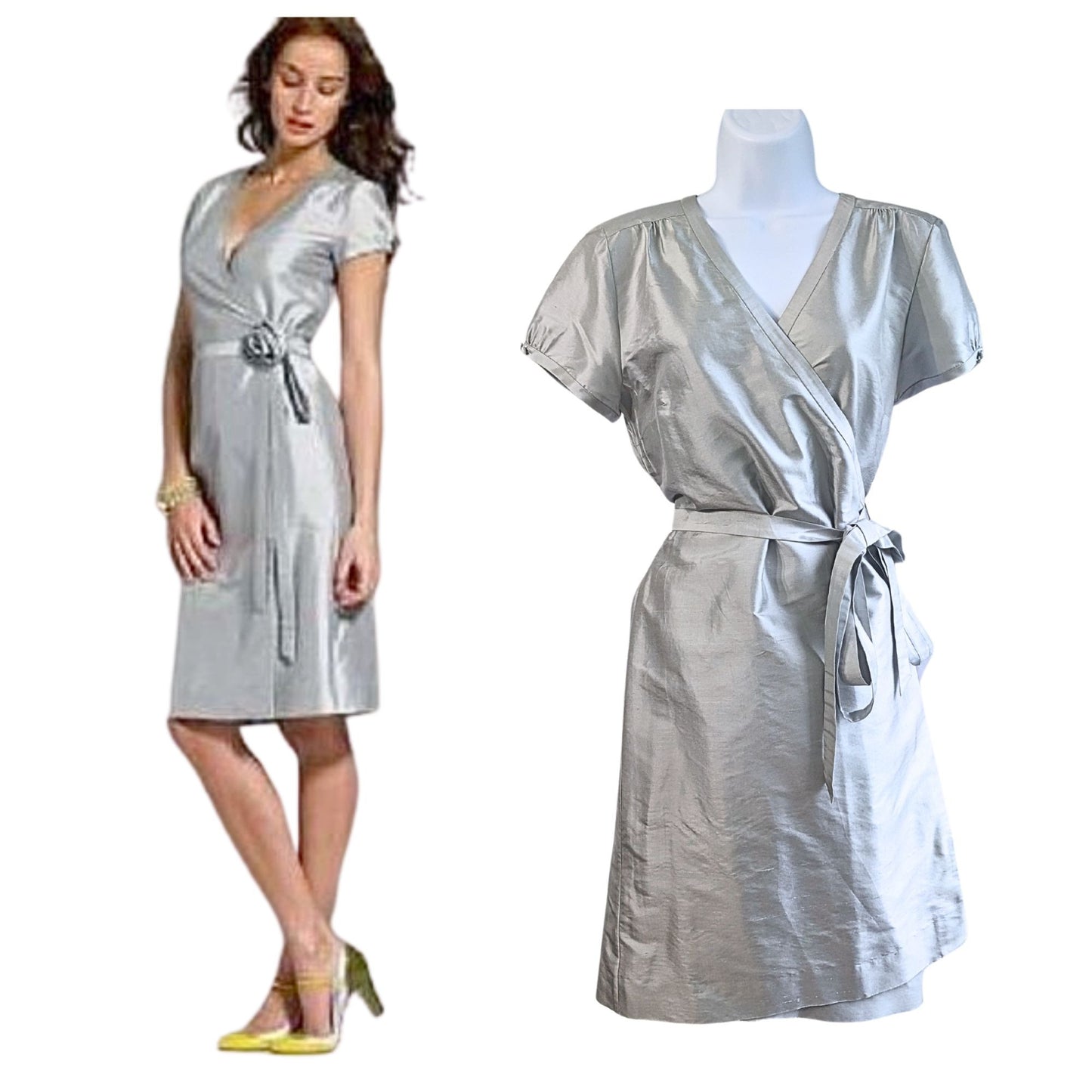 NWT Vintage Y2K J.CREW Raw Dupioni Silk Icy Silver Preppy Wrap Shirtdress Sz 12