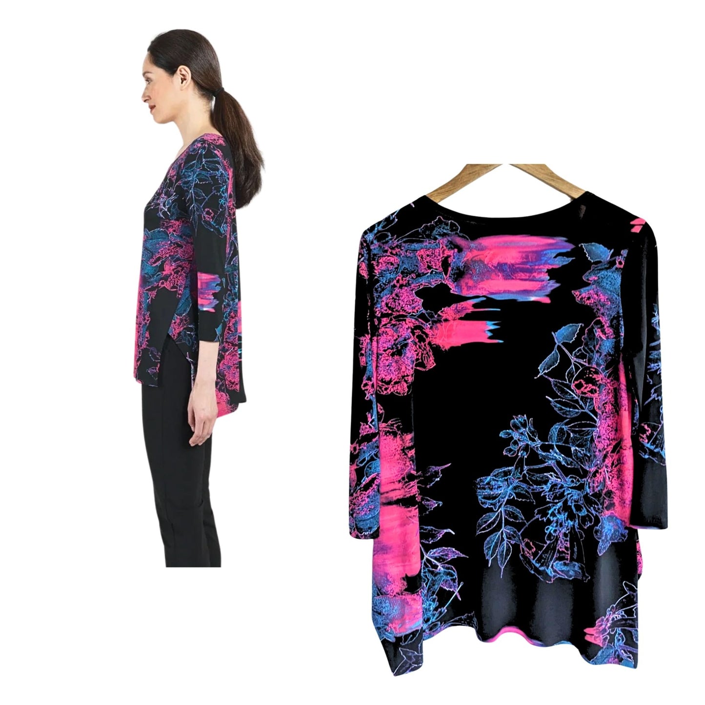 Vibrant CLARA SUNWOO Black Pink Parachute Hem Electric Floral Tunic Size XS