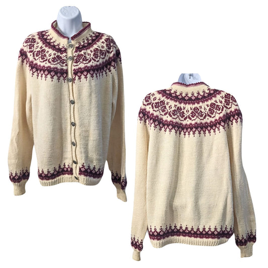 Vtg 70s NORSK HUSFLID 100% Wool Purple Rosemaling Fair Isle Handknit Cardigan XL