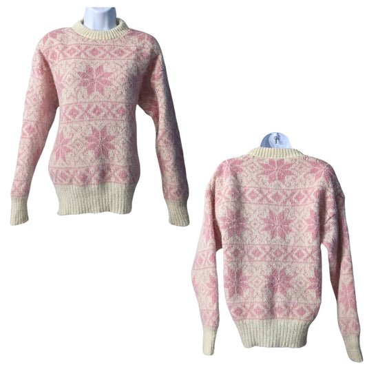 Vtg 80s ICE KNIT 100% Icelandic Wool Pink Fair Isle Coquette Barbie Sweater Sz L