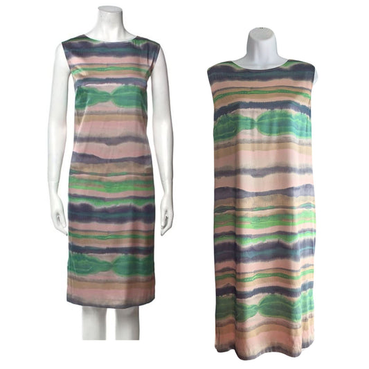 2014 ST. JOHN Watercolor Stripe Silk-Printed Shift Dress w/ Auth. Sticker Sz 12