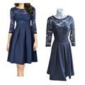 MIUSOL Navy Blue Lace Illusion Sweetheart Bodice Midi Fit & Flare Dress Size M