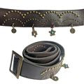 Vtg Y2K Dangling Charm Wide Low Rise Studded Brown Faux Leather Belt Sz 48/1X