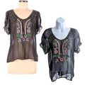 Vintage Y2K GRASSROOTS 100% Silk Sheer Black Embroidered Boho Peasant Top Size 3