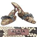 Vintage 80s ALAIA Paris Snakeskin Mules Pointed Kitten Heel w/Gray Bow Sz 36/5.5