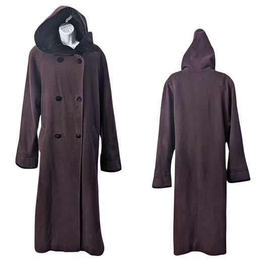 Vtg 80s BROMLEY COLLECTION Plum 100% Wool Double Breasted Hooded Long Coat Sz 12