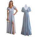 BIRDY GREY Hannah Empire Chiffon Dusty Blue Maxi Bridesmaid Dress w/ Slit Sz XS