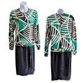 Vtg 80s JOHN YANG Adrianna PAPELL Checkerboard Silk Green Palm Leaf Dress Sz 10