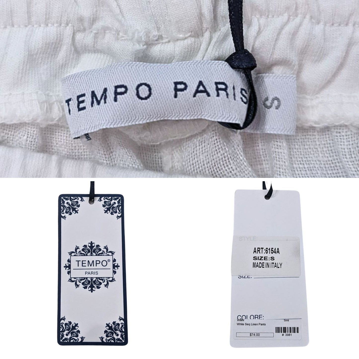 NWT TEMPO PARIS White Linen Sequin Trim Elastic Waist Ankle Pants Size S