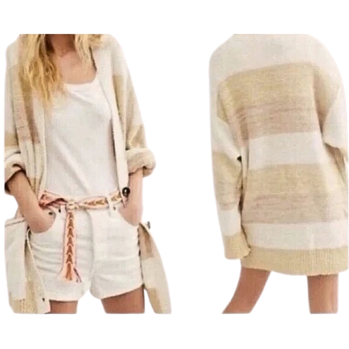 FREE PEOPLE Tan Grains Combo Oversized Cardigan Colorblock with Pockets Size XS