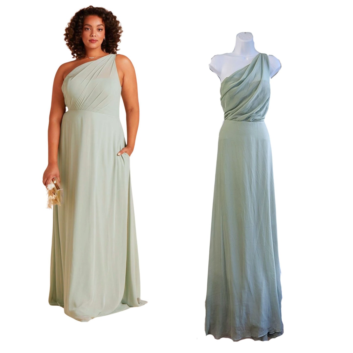 BIRDY GREY Kira Chiffon Sage Convertible One Shoulder No Slit Maxi Dress Size L