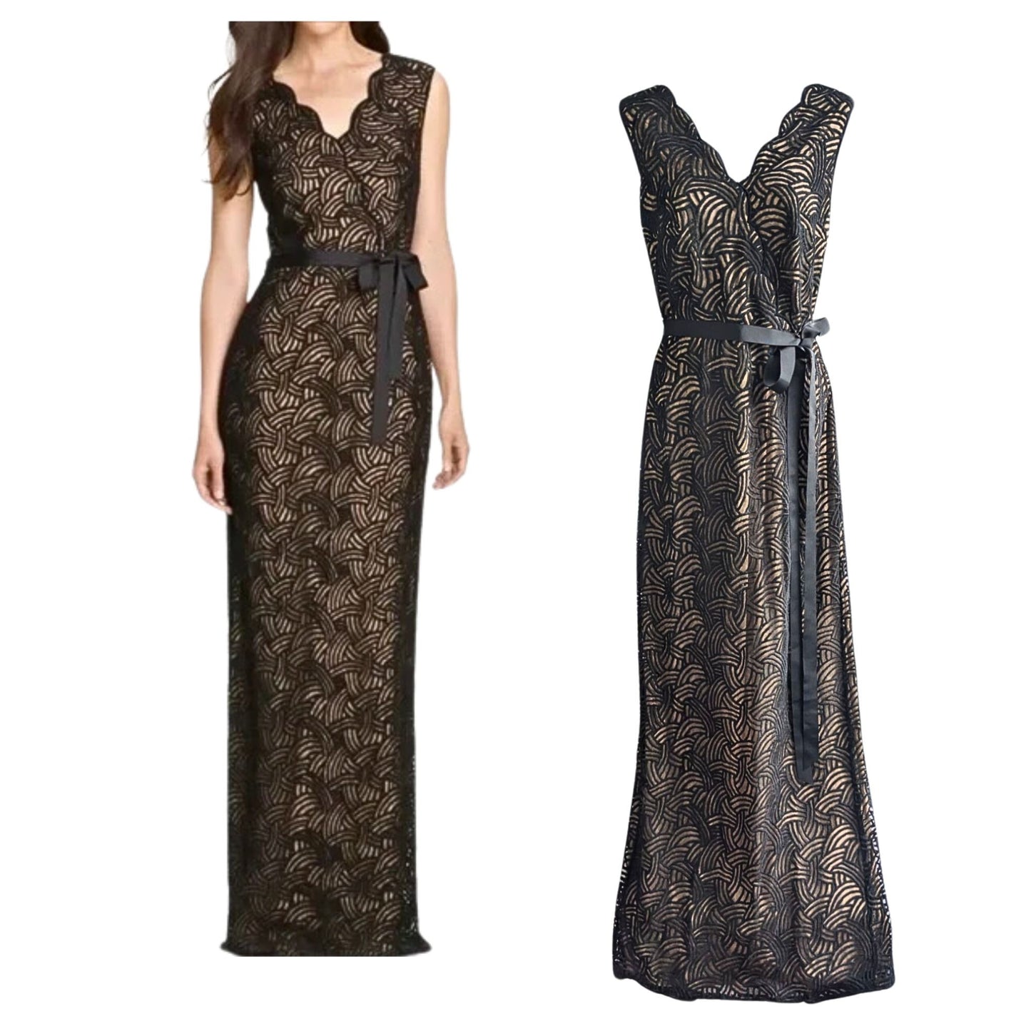 TADASHI SHOJI Black & Tan Art Nouveau Velvet Overlay Belted Masquerade Gown Sz 4