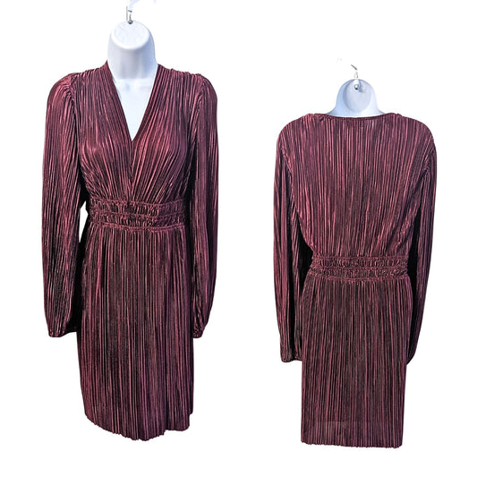 LUCY PARIS Rosa Jam Purple Pleated Dress Long Sleeve Mini Size L