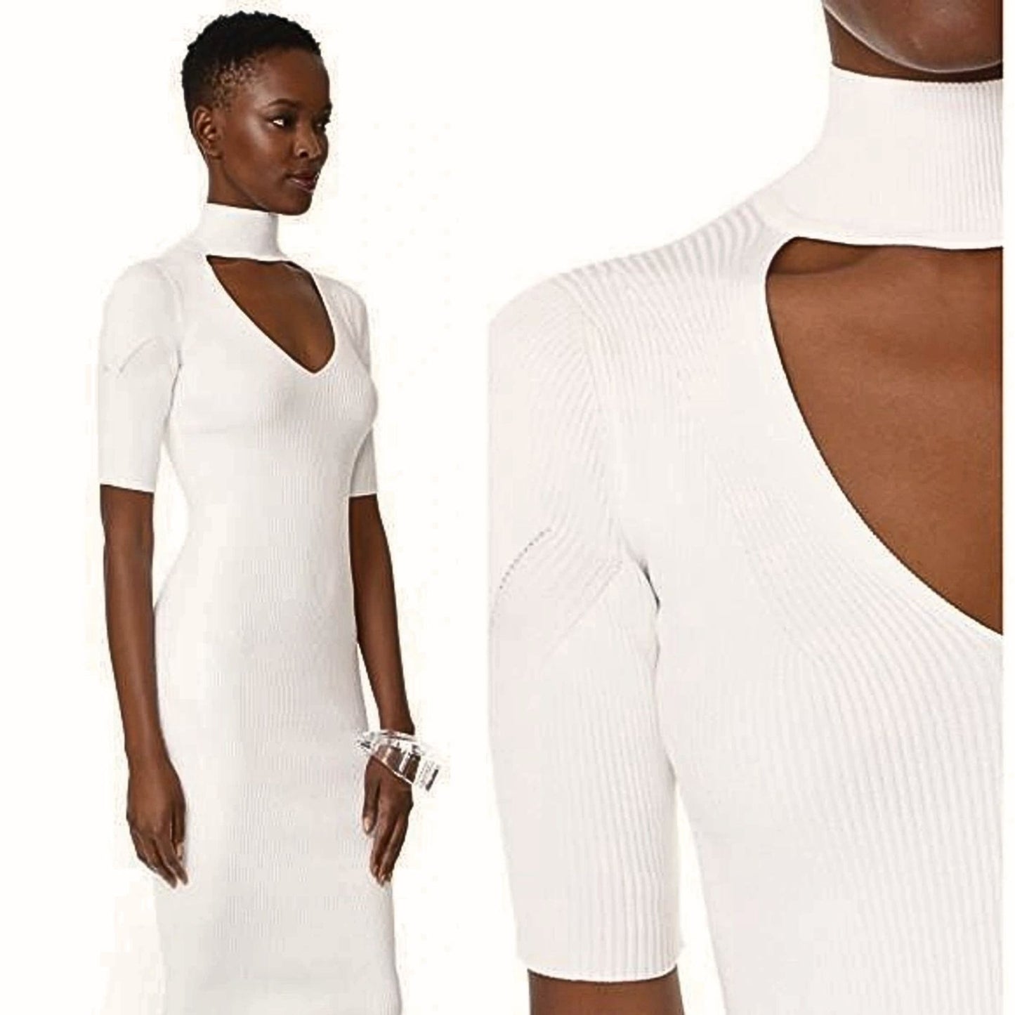 CUSHNIE ET OCHS White Turtleneck Choker Cutout Ribbed Bodycon Sweater Dress Sz M