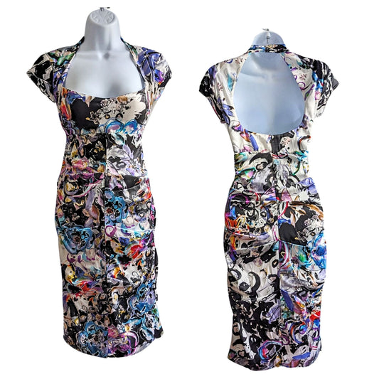 Vtg Y2K Sexy Abstract CACHE Silk Satin Print CapSleeve Bodycon Midi Dress Size 4