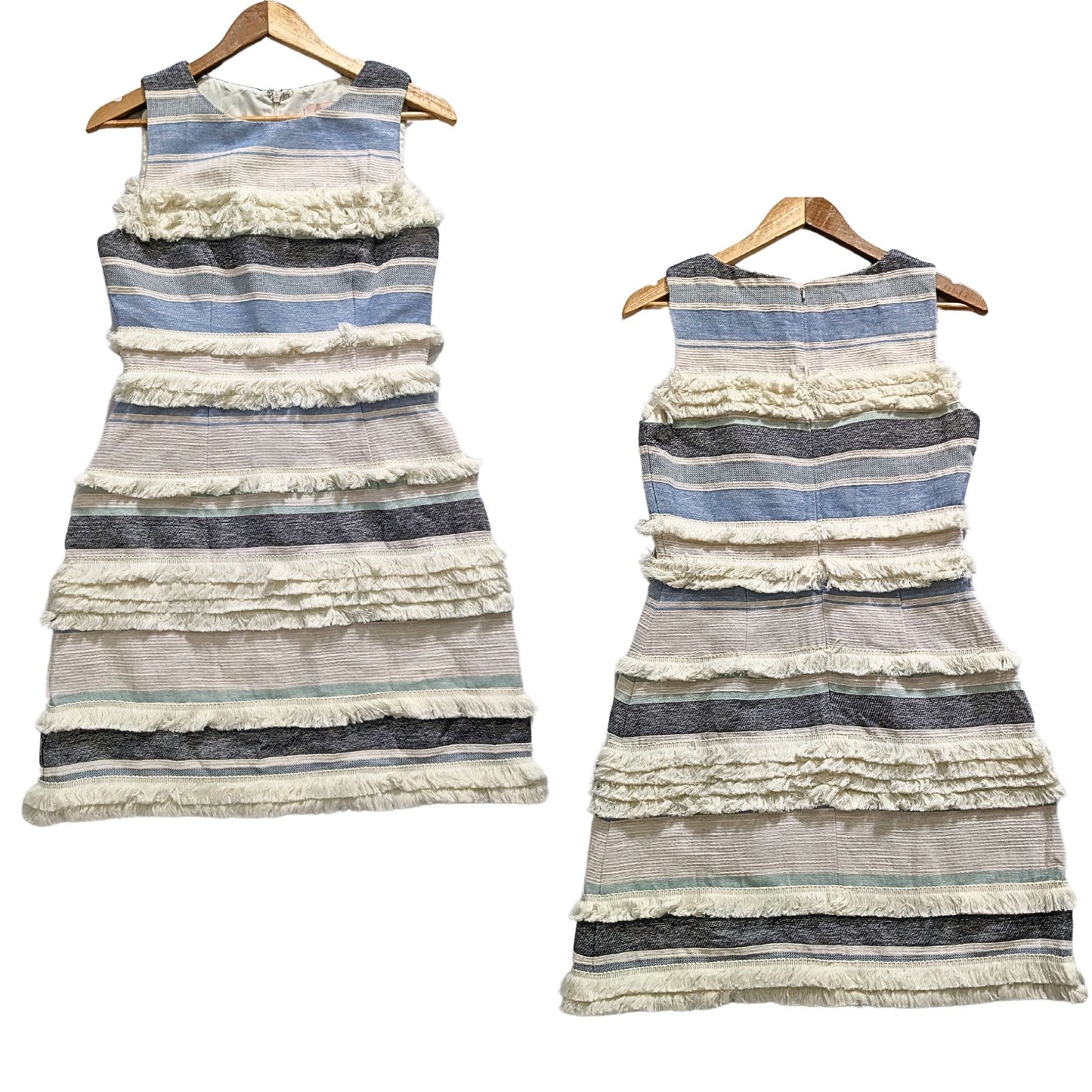 Anthropologie HUTCH Fun Blue Fringe Mini Dress Striped Sleeveless Sheath Size 2