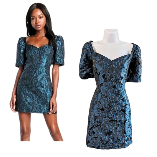 NWT LULUS Beyond Amazing Dark Teal Blue Floral Jacquard Puff Sleeve Dress Size M