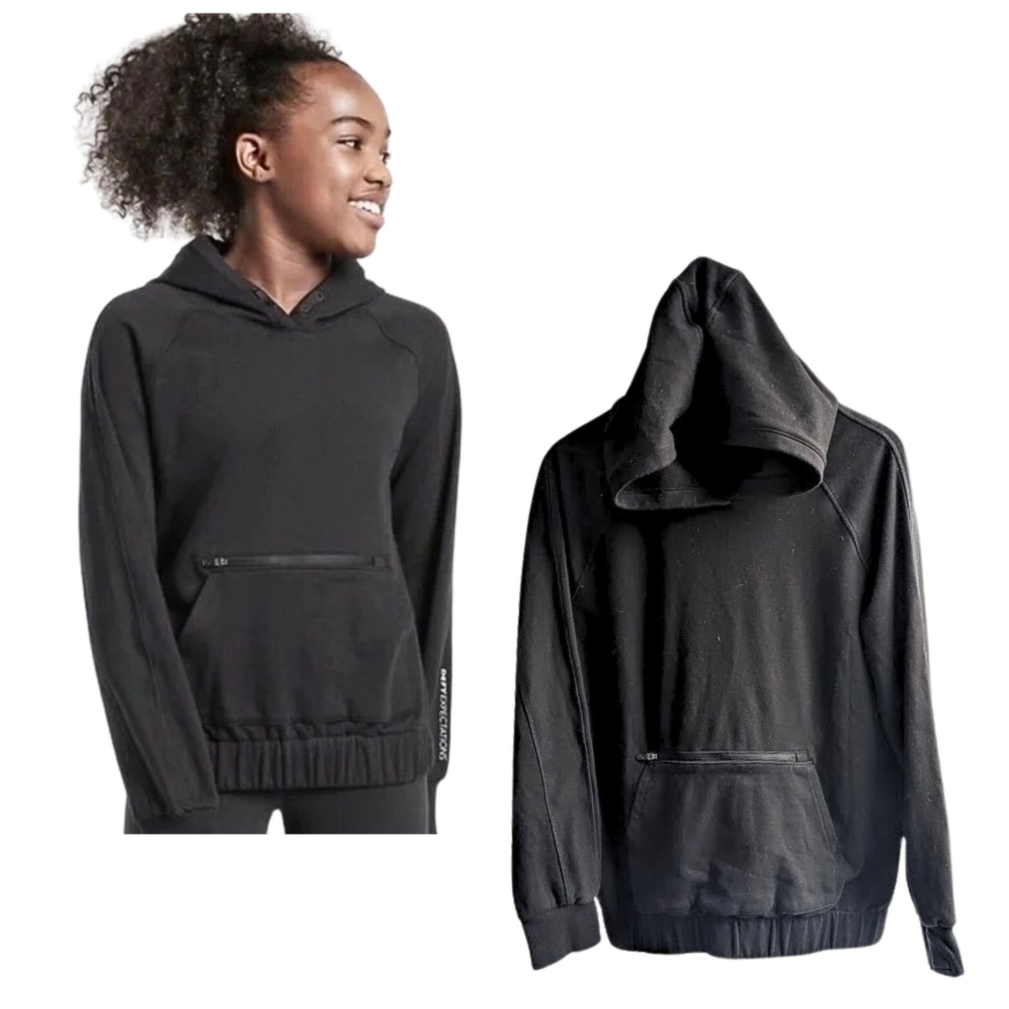 ALLYSON FELIX ATHLETA Girl Black Pullover Hoodie w/ Double Pocket Size XXL/16