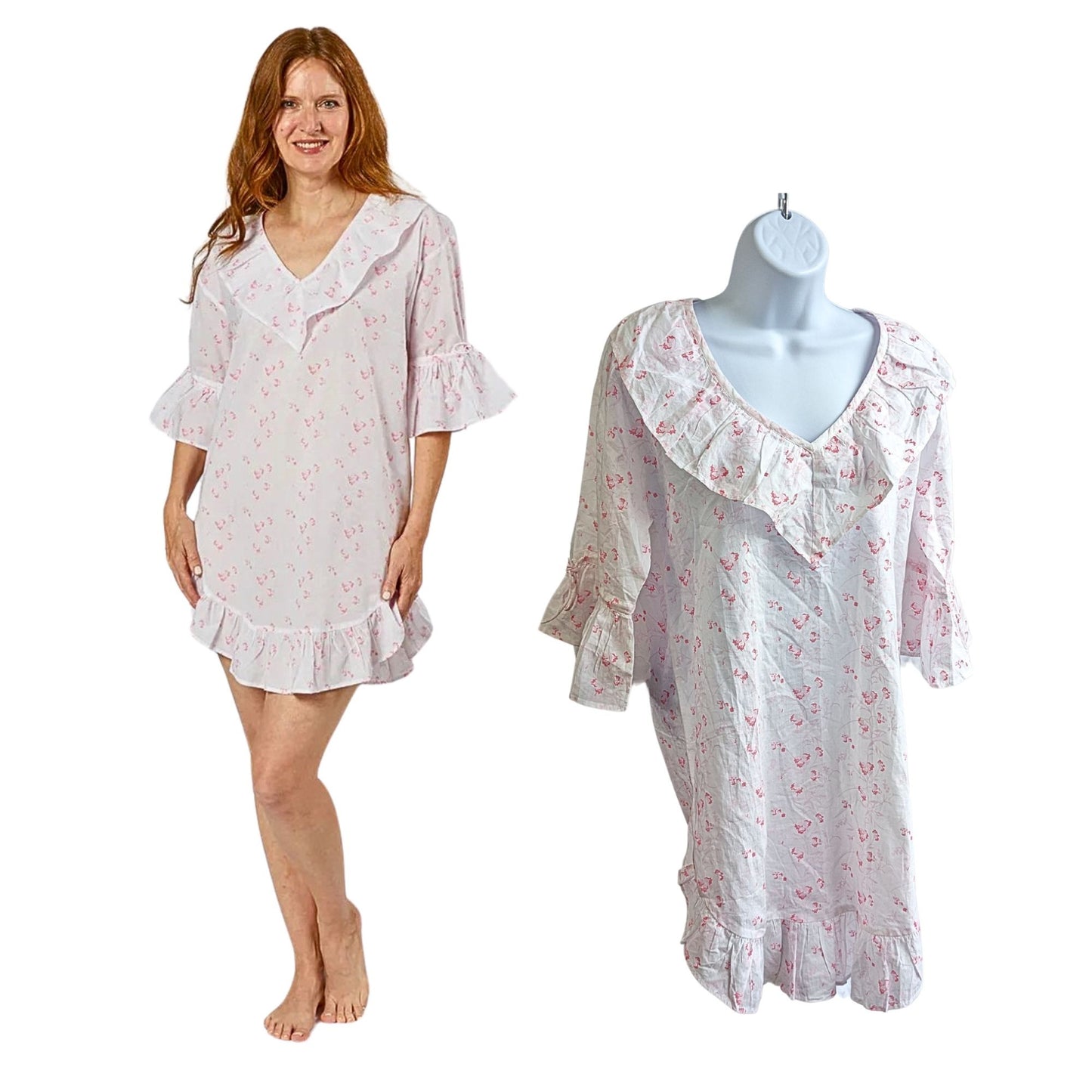 NWT LENORA White & Pink Lily Poet 100% Cotton Nightshirt Cottage Coquette Sz L